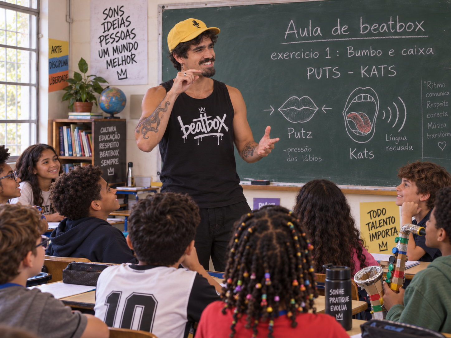 Ilustração de Caio Beatbox ministrando aula de beatbox em sala de aula, com lousa cheia de sons